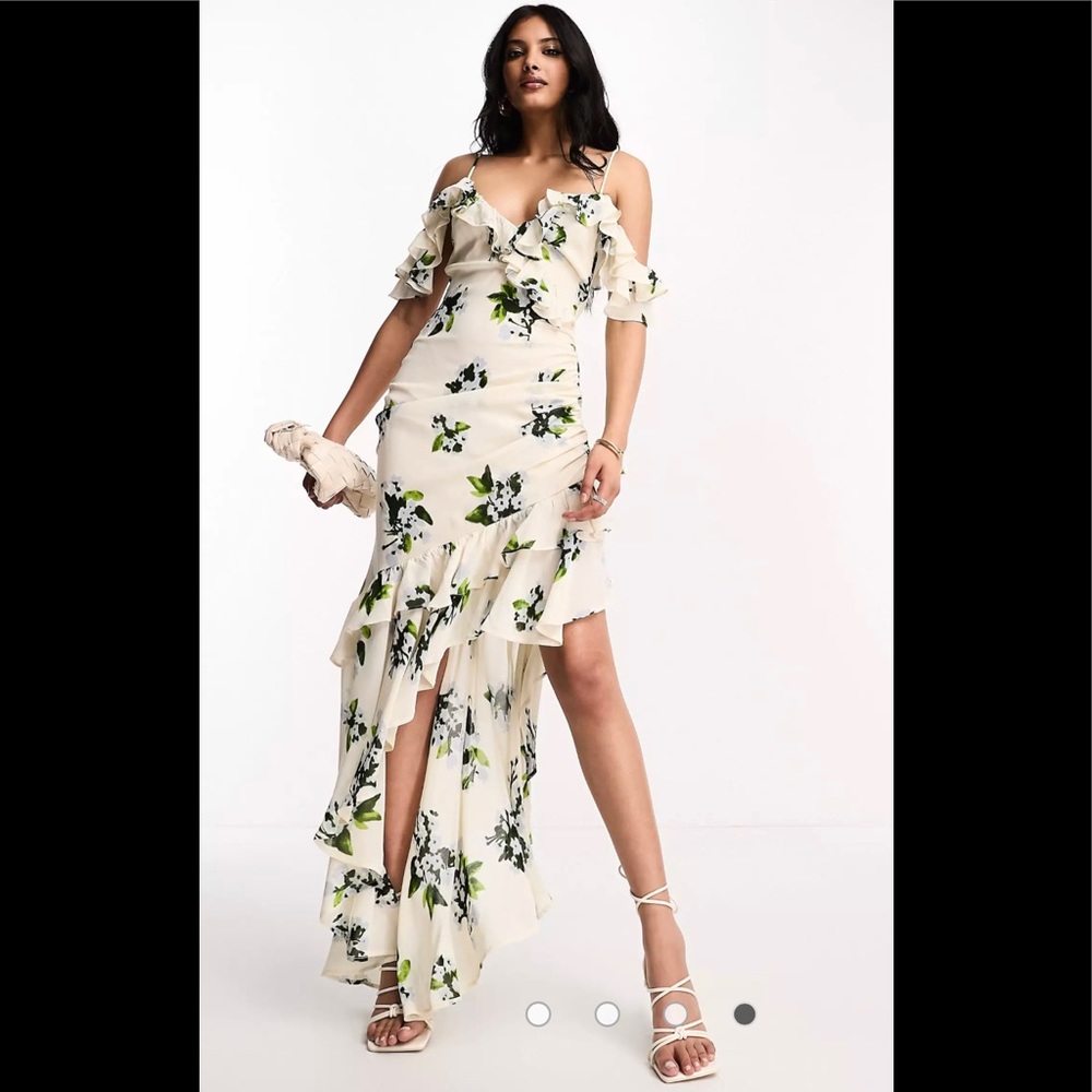 NWT ASOS Design Ruffle Off The Shoulder Asymmetric Maxi Dress